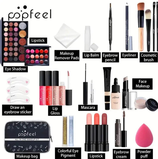 POPFEEL All-in-One Makeup Kit – Eyeshadows, Blush, Lipsticks & Brushes Amorae Beauty