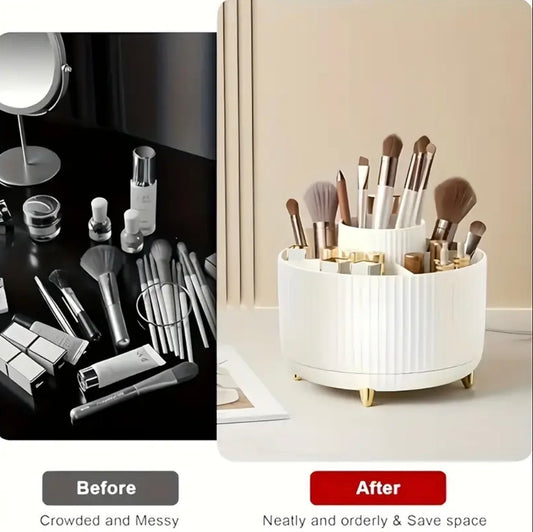 ABERZEY 360° Rotating Makeup Organizer – 5-Compartment Cosmetic Storage Caddy with Gold Accents, Durable Plastic Brush & Skincare Holder