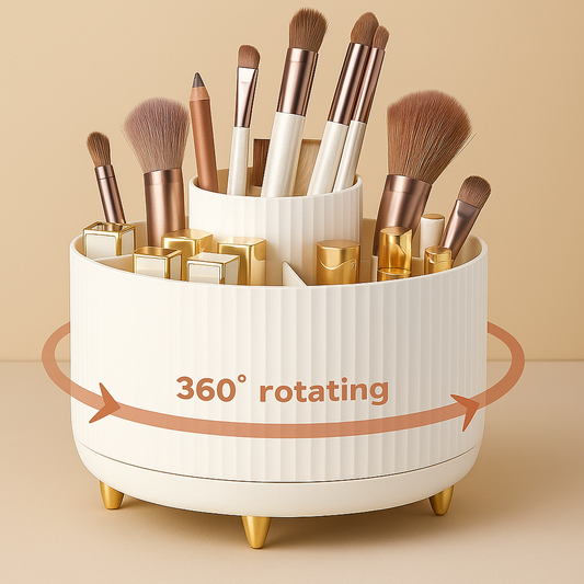 ABERZEY 360° Rotating Makeup Organizer – 5-Compartment Cosmetic Storage Caddy with Gold Accents, Durable Plastic Brush & Skincare Holder