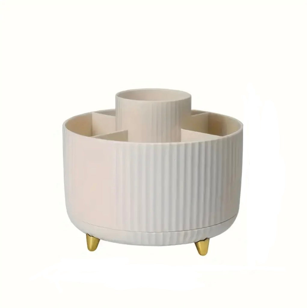 ABERZEY 360° Rotating Makeup Organizer – 5-Compartment Cosmetic Storage Caddy with Gold Accents, Durable Plastic Brush & Skincare Holder