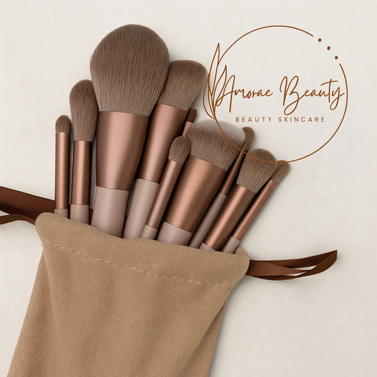 Amorae Beauty premium makeup brush set in bronze and beige tone, cruelty-free soft bristles in a beige pouch- luxury beauty tools by Amorae Beauty Skincare.