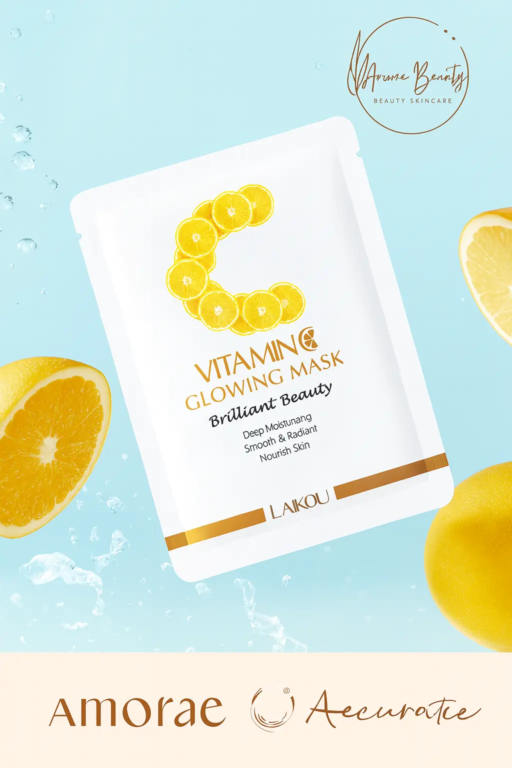 Amorae Beauty Vitamin C Glowing Mask by Laikou with fresh citrus design- hydrating, bringhtening sheet mask for radiant, smooth skin, featured on blue background with lemon sliced and water splash