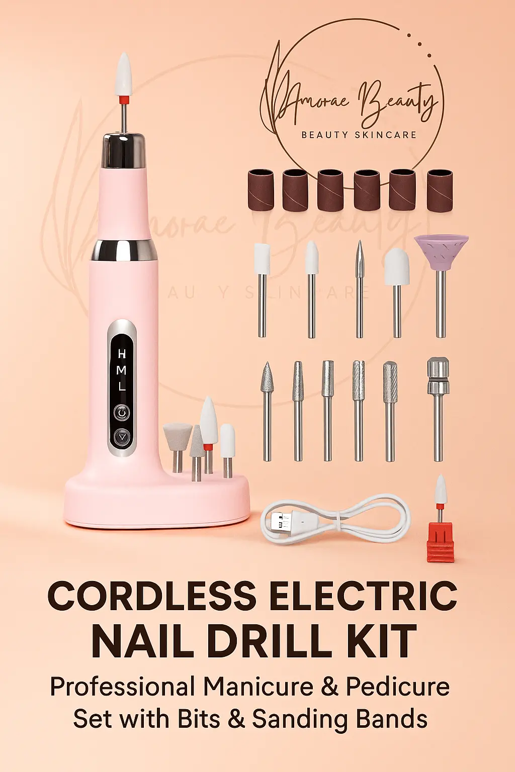 Cordless Electric Nail Drill Kit – Professional Manicure & Pedicure Set with Bits & Sanding Bands Amorae Beauty